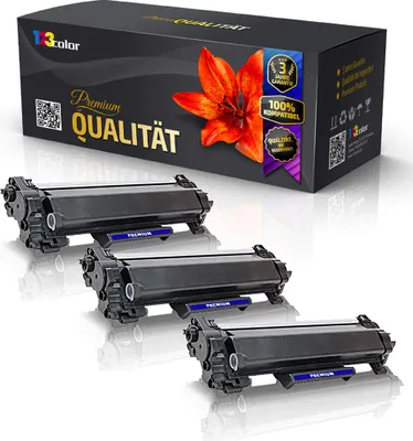 A product shot of three black toner cartridges in front of their packaging box.