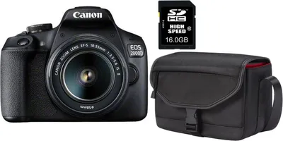 A Canon EOS 2000D camera, an SD card, and a camera bag are displayed against a white background.