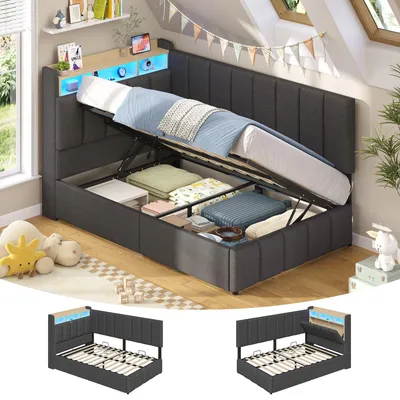 Produktbild von AODEMOKO Jugendbett mit LED Beleuchtung, Polsterbett mit Ladestation, Bettgestell mit Bettkasten für Schlafzimmer, Gästezimmer, 90 x 190cm, Grau