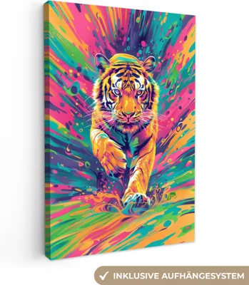 Produktbild von MuchoWow® - Leinwandbilder - Tiger - Wildtiere - Farbenfroh - , Wandbild, Wanddeko Bilder Wohnzimmer, 80x120cm