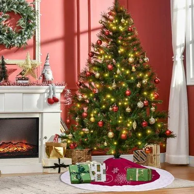 Produktbild von Rote Samt-Weihnachtsbaumdecke 120cm mit Schneeflocken und weißer Bordüre