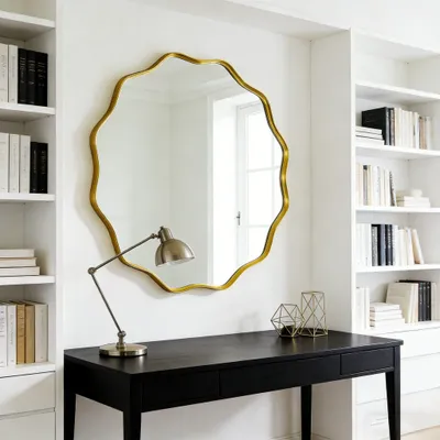 Produktbild von Rund Wandspiegel, dekorativer Wandspiegel zum Aufhängen, unregelmäßiger, wellenförmiger Spiegel, moderner Badezimmerspiegel für Bad, Wohnzimmer, 24'', gold, 60 cm