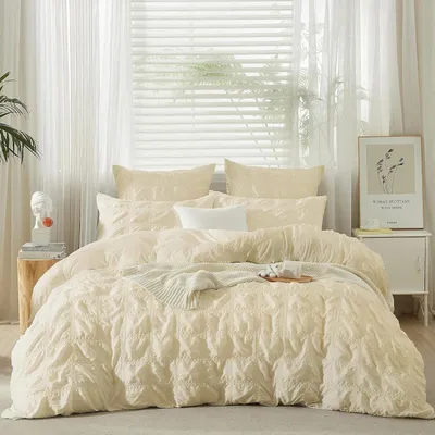 Immagine prodotto di TRANKIELO® - Set di biancheria da letto in seersucker, 155 x 220 cm - 3 pezzi - Microfibra beige - Traspirante - Chiusura con cerniera