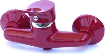 A red shower faucet is shown against a white background.