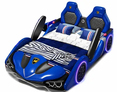 Immagine prodotto di Letto a forma di auto blu, con luci LED e altoparlante Bluetooth, ideale per bambini