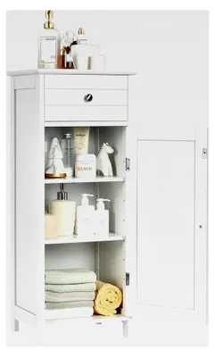 Produktbild von Schmaler Badezimmerschrank, freistehender Badschrank mit Schublade und verstellbaren Regalen, Badkommode aus Holz für Schlafzimmer und Wohnzimmer, 35 x 30 x 88 cm (Weiß)
