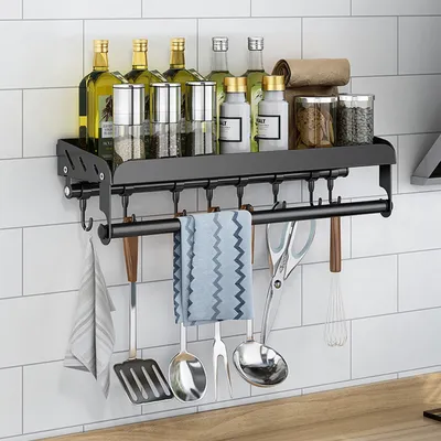 Produktbild von Gewürzregal, mit Küchenrollenhalter, 40cm Küchenregal, Edelstahlregal, Kühlschrank Regal, Lagerregal mit 8 Haken und Stange, Wandregal ohne Bohren