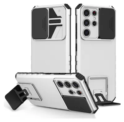 Produktbild von Galaxy S21 Ultra 5G Hülle, Dual Layer Ständer Schutzhülle mit Schiebe Kamera Schutz für Samsung Galaxy S21 Ultra 5G Weiß