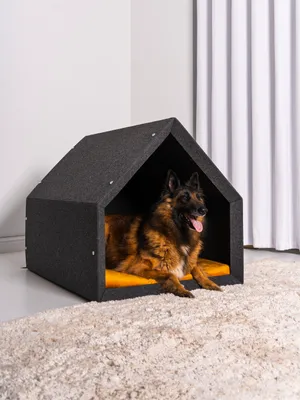 Zdjęcie produktu dla Rexproduct - PetHome 2.0 Domek dla psa, odporny na ugryzienia i zarysowania, izolacja akustyczna, ekologiczny, ciemny szary + żółty rozmiar L