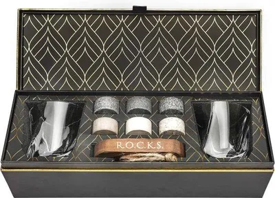Produktbild von Famanu Whisky Kühlsteine Set - Handgefertigte Granitsteine mit Kristallgläsern und Holzpräsentation