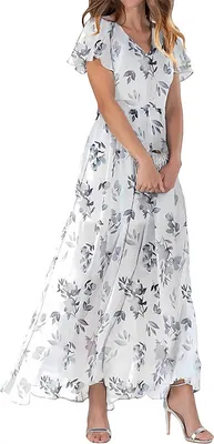 Produktbild von ASKSA Damen Sommerkleid Blumendruck Lang Ruesche Kurzarm V Ausschnitt Strandkleider Boho Beach Midikleid Freizeitkleid (Weiss,S)
