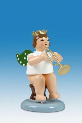 Produktbild von Holzfigur Engel sitzend mit Jazztrompete und Krone Höhe 6cm NEU