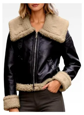 Produktbild von Damen Lederjacke Gefüttert Warm Kunstlederjacke Winter Innenfutter mit Teddyfutter Motorradjacke mit Reißverschluss Revers Bomberjacke Kurzer Mantel Outwear