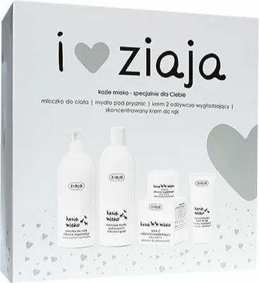 Obrázok produktu pre Ziaja Kozie Mleko Zestaw świąteczny Mydło 500 ml + Mleczko 400 ml + Krem 50 ml + Krem do rąk 50 ml
