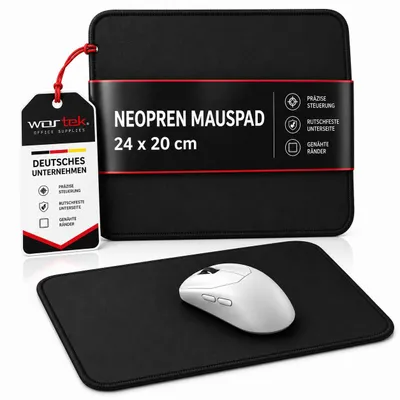Produktbild von wortek Mauspad klein - Gaming Mauspad in Schwarz - langlebiges Neopren - 24x20cm - vernähte Kanten - rutschfeste Gummiunterseite - Mousepad Gaming - Schwarz