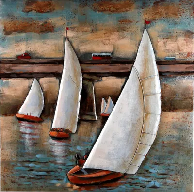 Image de Tableau métallique fait main "Voiliers blancs" FAM-2613 L=97cm, H=97cm, P=5cm