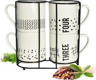 Produktbild von 4 Kaffeebecher 300ml aus Porzellan mit Metallständer Kaffeetassen Becher Tasse Mug