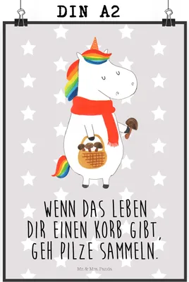 Produktbild von Mr. & Mrs. Panda Bild Einhorn Pilz DIN A2 - Grau Pastell - Geschenk, Posterdruck, Unicorn, drucke, Einhörner, Pilze, kunstdruck poster, Motivation, Spruch, Wandbild