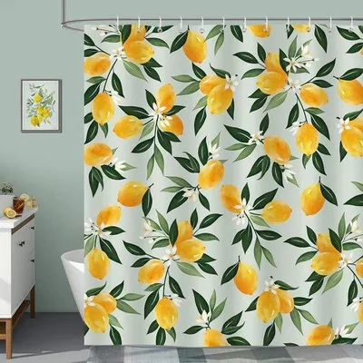 Produktbild von Unyqoos® Duschvorhang mit Zitronen & grünen Blättern, 180 x 180 cm, 100% Polyester, wasserdicht & schimmelhemmend, inkl. 12 Kunststoffhaken & verstärkte Metallösen