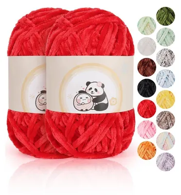 Produktbild von Chenille Wolle 2 x 100 g Rot Superweich Häkelgarn 6mm 80m Polyester