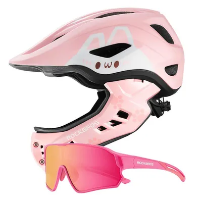 Produktbild von ROCKBROS Set Kinder Fahrradbrille polarisiert UV400 Rosa mit Fullface Kinder Fahrradhelm 2in1 abnehmbarer Kinnschutz Rosa M 54-58 cm