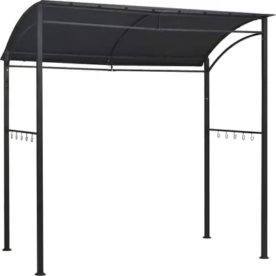 A black metal BBQ pavilion with a fabric roof, shown against a white background.