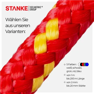 Produktbild von Seilwerk STANKE Polypropylenseil 12mm 1m Rot mit gelben Akzenten - Wäscheleine für Balkon, Camping, Garten - Zeltschnur, Schwimmseil für Angeln, Wassersportarten