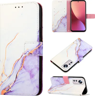 Produktbild von Xiaomi 12 Pro Hülle, Marmor Motiv Kunstleder Tasche Wallet Kartenfächer mit Standfunktion Klapp Schutzhülle für Xiaomi 12 Pro Weiß Lila