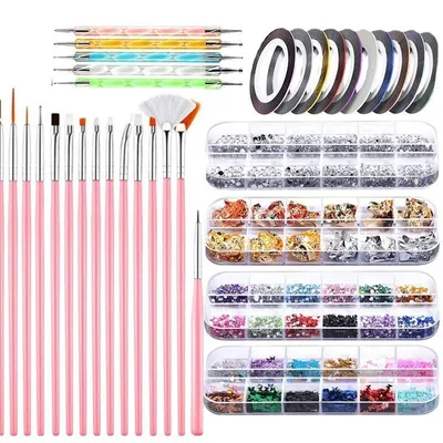 Produktbild von 34-teilig Strasssteine für Nägel - Nail Art Dekorationen - Diamant-Aufkleber - Strasssteine - Pinsel mit Punktierwerkzeugen - Diamanten