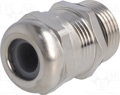 A close-up studio shot of a metal cable gland.