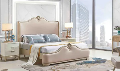 Produktbild von Bettgestell Betten Doppel Bettrahmen Holz Beige Bett Luxus Möbel Doppelbetten