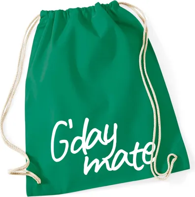 Produktbild von Huuraa Turnbeutel G`day mate Spruch 12 Liter Kelly Green Baumwolle Rucksack Geschenkidee