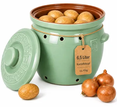 Produktbild von KERAZO 6,5 Liter Kartoffeltopf aus Steingut Keramik mit Deckel, Zwiebeltopf Vorratstopf Gemüsetopf, grün