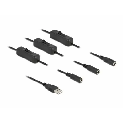 Produktbild von DeLOCK Kabel USB Typ-A Stecker zu 3 x DC 5,5 x 2,1 mm Buchse mit Schalter 1 m, 1 m, USB A