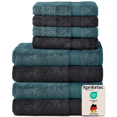 Produktbild von Komfortec 8er Handtuch Set aus 100% Baumwolle, 4 Badetücher 70x140 und 4 Handtücher 50x100 cm, Frottee , Weich,Groß, Schwarz/Petrol