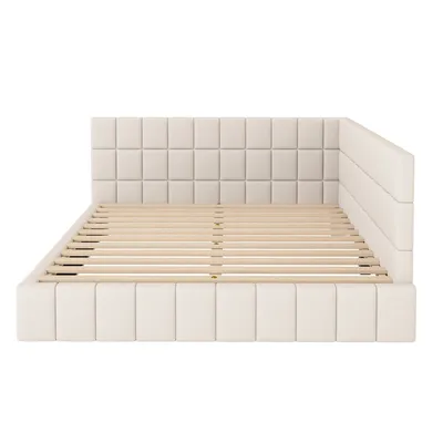 Produktbild von Flieks Polsterbett 160x200cm mit Lattenrost, Tagesbett Schlafsofa mit Verstellbarem Rückenlehne, Doppelbett Gästebett Daybett Jugendbett, Samt, Beige