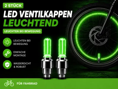 Produktbild von 2x LED Ventilkappen Grün für Fahrrad – Leuchtende Ventillichter – Bewegungsaktiviert – Fahrrad Zubehör, KI-generiertes Bild
