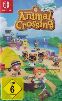 The image is the front cover of the Animal Crossing: New Horizons Nintendo Switch game. It features characters and scenery from the game, with the game's logo and title prominently displayed.