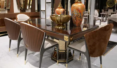 Produktbild von Casa Padrino Luxus Esszimmer Set Naturfarben / Braun / Grau / Gold - 1 Luxus Esstisch & 6 Luxus Esszimmerstühle - Esszimmer Möbel - Luxus Möbel - Luxus Einrichtung - Esszimmer Einrichtung