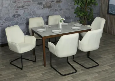 Produktbild von 6er-Set Freischwinger HWC-G67, Esszimmerstuhl Küchenstuhl Stuhl, Stoff/Textil  MVG  creme-beige