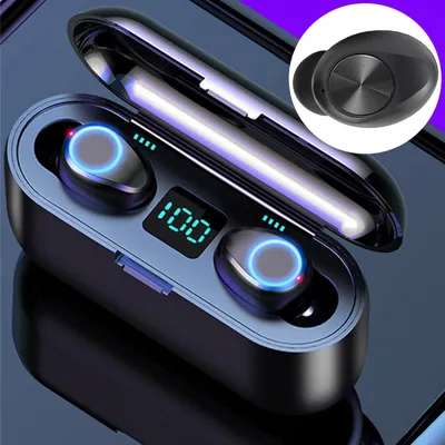 Close-up of wireless earbuds and their charging case, with a digital display showing '100'.