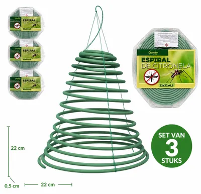 Productafbeelding van Citronella Spiralen Set van 3 – Muggenwerende Spiraal 22 x 22 x 0,5 cm – Hangende Citronella Anti-Mug Spiraal – Voor Tuin, Terras, Balkon & Camping – Buiten Gebruik, AI-gegenereerde afbeelding