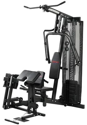 Image de Station de fitness tout-en-un, appareil de musculation avec barre de traction et presse à cuisses, en acier et similicuir, couleur noire. | Capacité maximale : 120 kg | Bloc de poids : 65 kg | Dimensions : 162 x 162 x 210 cm