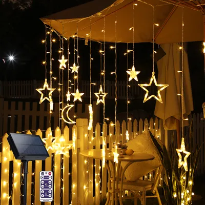 Produktbild von 3m Solar LED Lichterkette Stern Mond Lichtervorhang 8 Lichtmodi Wasserdichte Außen Party Weihnachten Garten Terrasse Deko, Warmweiß
