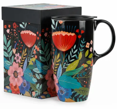 Keramik-Reisetasse 500 ml, schwarz mit Blumenmuster, Deckel