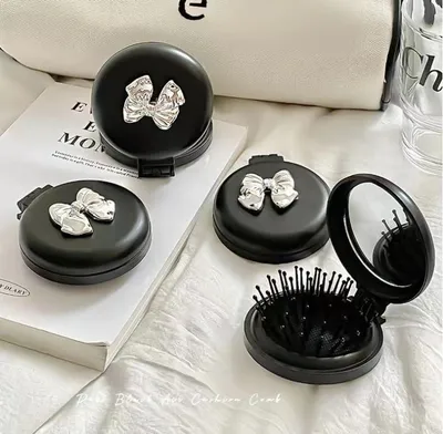 Produktbild von 2 faltbare Reise-Haarbürsten mit Spiegel, runde Mini-Make-up-Haarbürsten, tragbare Massagekämme für Frauen und Mädchen