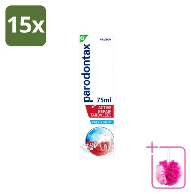 Imagen del producto de 15 tubos de pasta dental Parodontax Active Repair, sabor a menta fresca, para el cuidado de las encías, 75 ml. Pack ahorro - 15 unidades