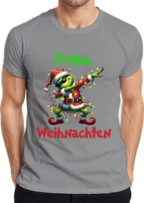 Produktbild von Frohe Weihnachten Dabender Grinch Weihnachtsmann Lichterkette Herren T-Shirt, Grau, S