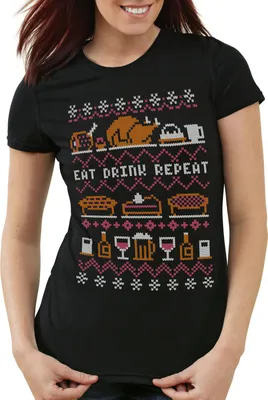 Produktbild von style3 Eat Drink Repeat Ugly Sweater Damen T-Shirt weihnachtsessen fressen feiertage x-mas pulli, Farbe:Schwarz, Größe:S