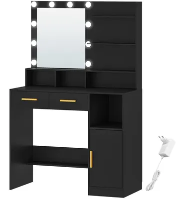 Productafbeelding van Make-uptafel - Kaptafel met spiegel - 10 LED-lampen met dimbare helderheid - 2 lades - Modern, minimalistisch design - Geschikt voor de slaapkamer - Zwart